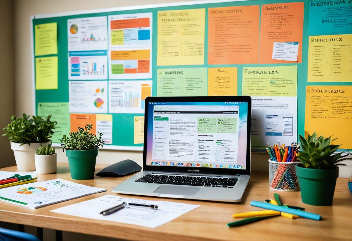 A dynamic toolkit overflowing with educational materials, including course manuals, a laptop, and an array of career counseling tools like charts and resumes. The backdrop features a vibrant classroom setting, emphasizing learning and guidance. Integrate elements symbolizing growth, such as a plant sprouting from books. Bright and engaging color palette, 3D perspective, suitable for a blog about education and career development.