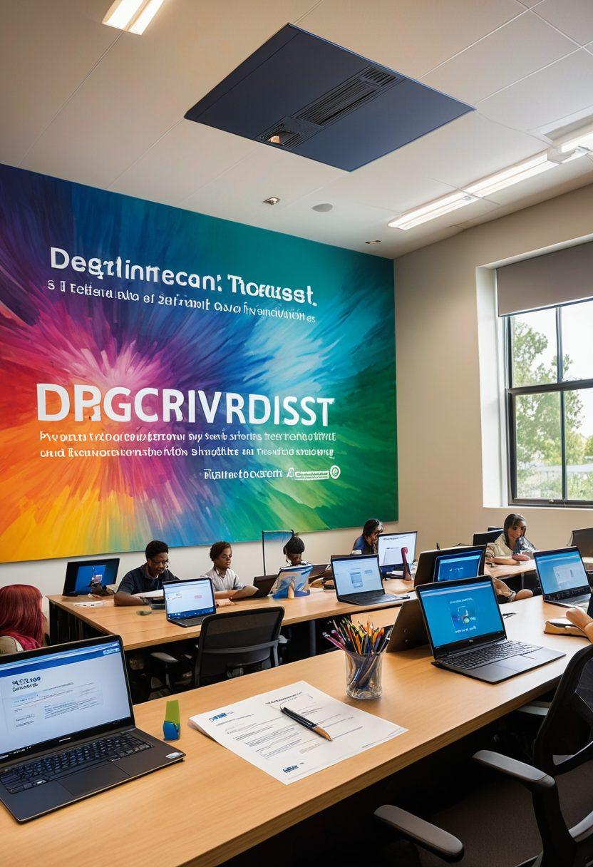 A vibrant classroom scene showcasing diverse students engaged in hands-on technical education, surrounded by advanced tools and technology. Include a large diploma and degree certificate prominently displayed, with books and laptops on the desks, symbolizing opportunity and growth. Bright, inspiring colors and a motivational quote on the wall about unlocking potential. super-realistic. vibrant colors. dynamic composition.
