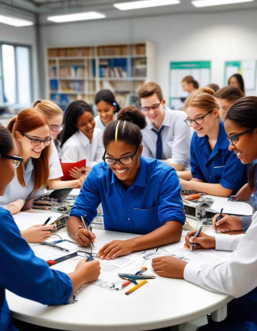 A vibrant illustration showcasing a diverse group of students engaged in hands-on technical and vocational training, with tools and technology surrounding them. The background features a bright and open classroom, symbolizing creativity and innovation in education. Include elements like gears, computers, and books to represent various technical fields. The students should be smiling and collaborating, radiating enthusiasm for learning. super-realistic. vibrant colors. white background.